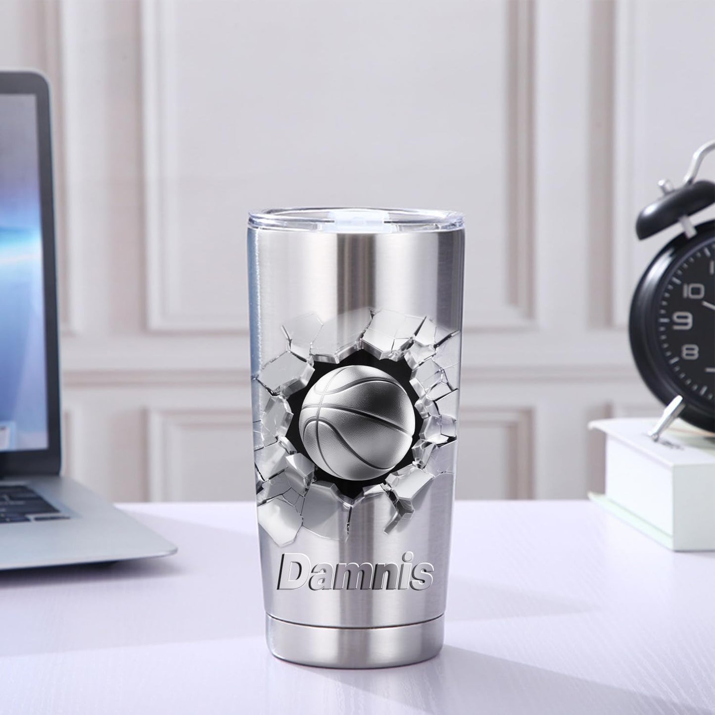 Personalized basketball Ball With 3D Cracked Wall Stainless Steel Silver Tumbler Mug, Custom Name Sport basketball Lovers Player Tumbler Mug,Customized Father's Day Birthday Sport Gift For Dad Men