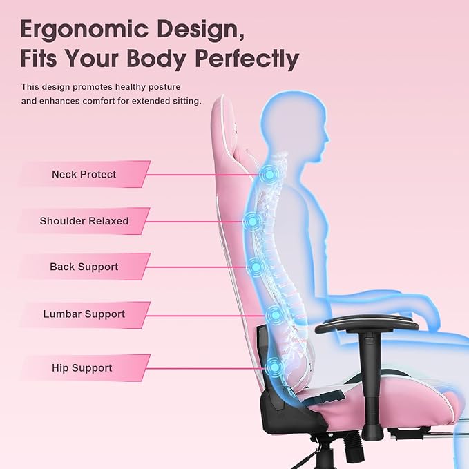 Douxlife Computer Gaming Chair with Footrest, Height Adjustable Game Chair for Adults 360°-Swivel Seat and Headrest and for Office or Gaming, Racing Style Pink and White