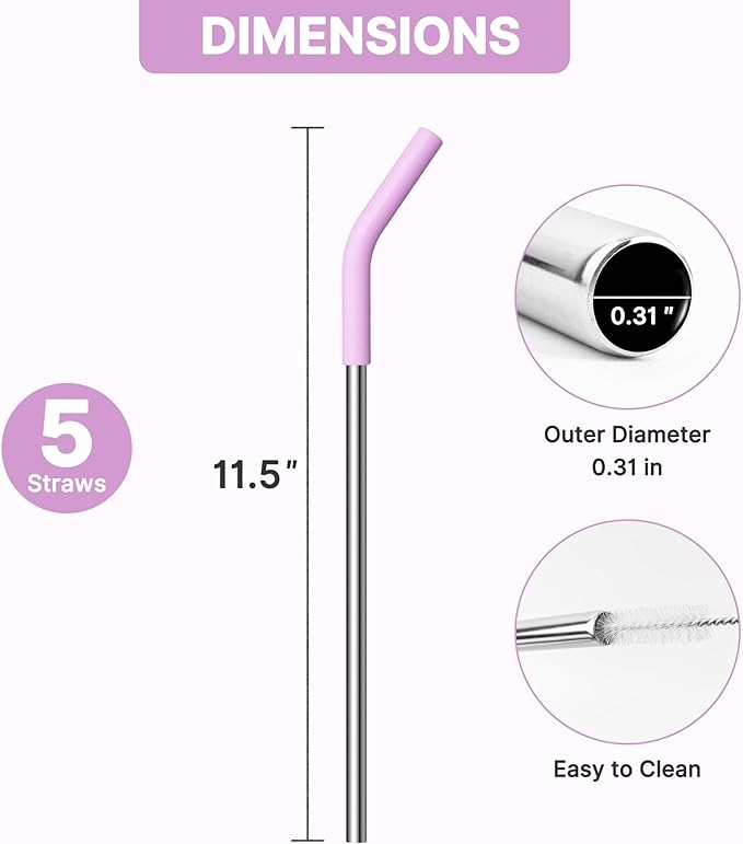 Metal Straws Reusable for 30oz YETI Tumbler Mug- 9.5" Stainless Steel Replacement Straws with Silicone Tips for Simple Modern/Meoky 24 oz Tumbler with Handle,1 Portable Bag