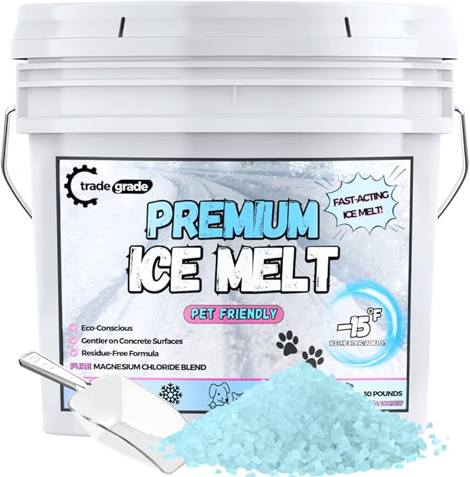Pet-Friendly Ice Melt - Fast-Acting Magnesium Chloride Formula, Safer for Pets & Surfaces, 45lb Bucket with Scoop