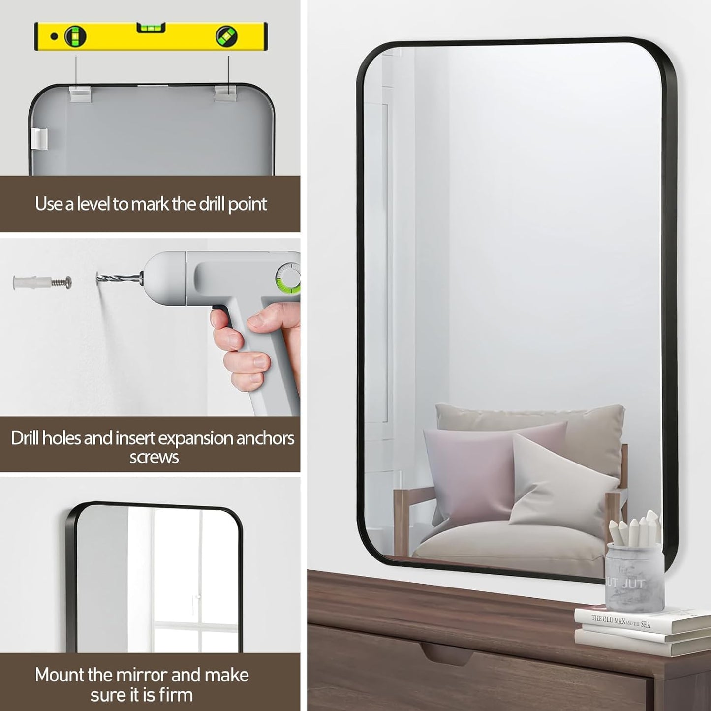 Black Bathroom Mirror, 20x30 Inch Matte Black Mirror, Aluminum Alloy Framed Vanity Mirror, Rounded Rectangle Bathroom Mirror for Over Sink, Anti-Rust Wall Mirror (Horizontally or Vertically)