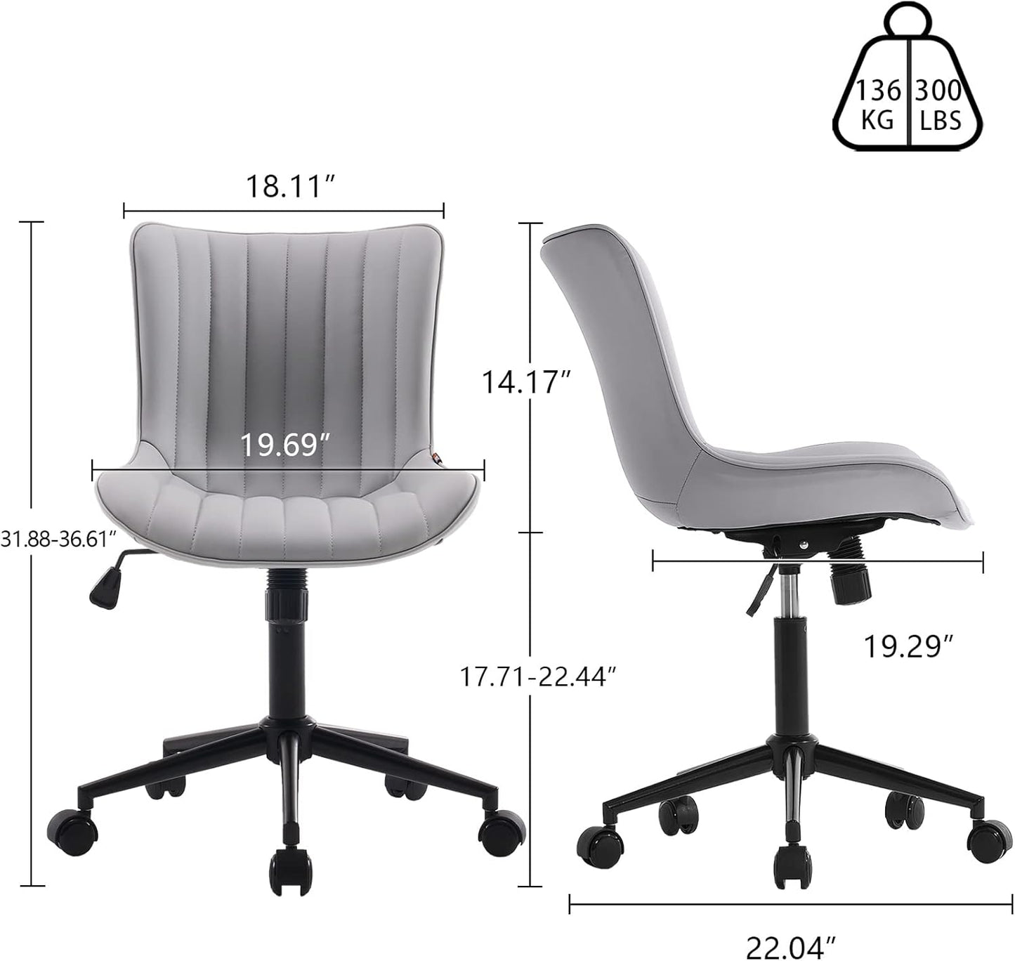 YOUNIKE Grey Home Office Desk Chair with Wheels Ergonomic Comfy Armless Vanity Chair with Back Modern Leather Upholstered Rolling Task Chair Small Cute Computer Drafting Sewing Chair Swivel Adjustable