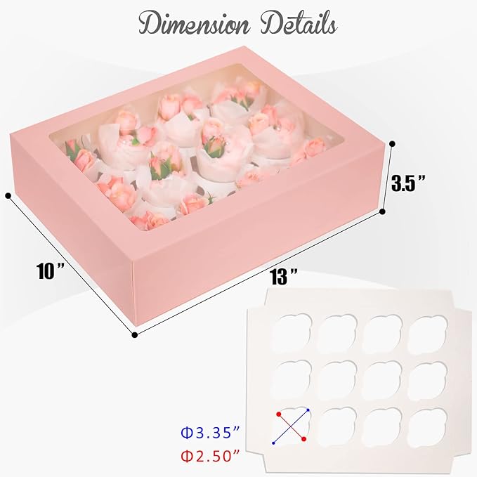 Bakepacker 12 Cupcake Containers 20-Packs Pink Cupcake Box Cupcakes Carrier, 12 Cupcake Boxes with Window 13"x10"x3.5"（Auto-pop up）
