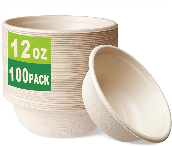 GreenWorks 100 Count 12 OZ Compostable Bowls, Small Unbleached Biodegradable Bagasse and Bamboo fiber Paper Bowls