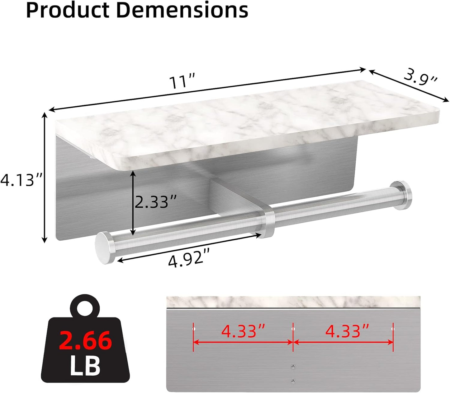 Brushed Nickel Toilet Paper Holder with Shelf, New Upgrade Double Toilet Paper Holder with Storage, Marble Roll Toilet Paper Wall Mount for Bathroom Washroom