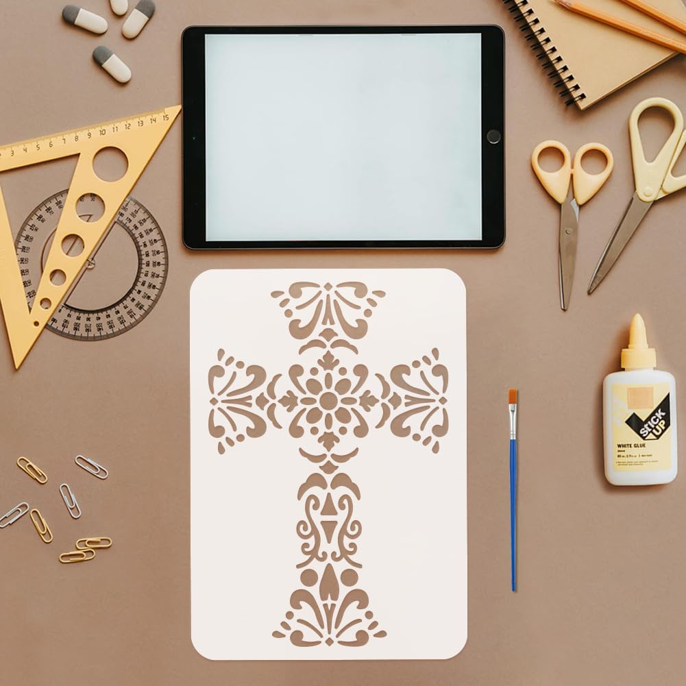 FINGERINSPIRE Cross Pattern Painting Stencil with Brush 8.3x11.7inch Flower Cross Drawing Template Floral Crossing DIY Art Home Decoration Stencil for Painting on Wood Wall Fabric Furniture