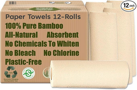 100% Bamboo Paper Towels, Tree-Free, Chemical-Free, Lint-Free, Durable, Absorbent, Select-a-Size 2-Ply, 90 Sheets Per Roll. (PT 12 Rolls)