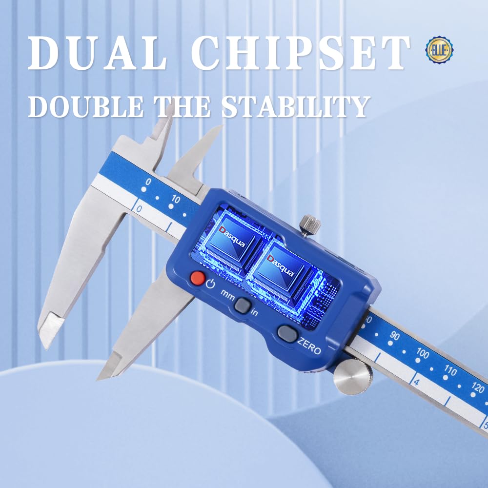 Dasqua 8”/200mm Digital Caliper, Stainless Steel Precision Measuring Tool with Advanced Dual Chip, Large LCD, Resolution 0.0005”/0.01mm, Accuracy ±0.001”/0.02mm