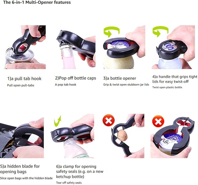 Bottle Opener Set, 5-in-1 and 6-in-1, Can, Soda, and Jar Openers, Twist Off Lid – Jar Opener for Seniors and Arthritic Hands (2pcs) (Black Red)