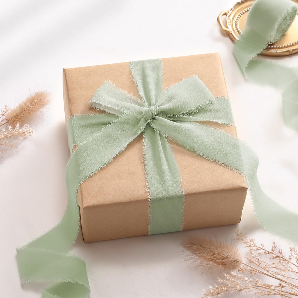 DORIS HOME Sage Green Chiffon Ribbon for Flower Bouquet, 1" x21Yd Fabric Ribbon for Gift Wrapping, Handmade Frayed Ribbon for Wedding Invitations/Christmas Decorations