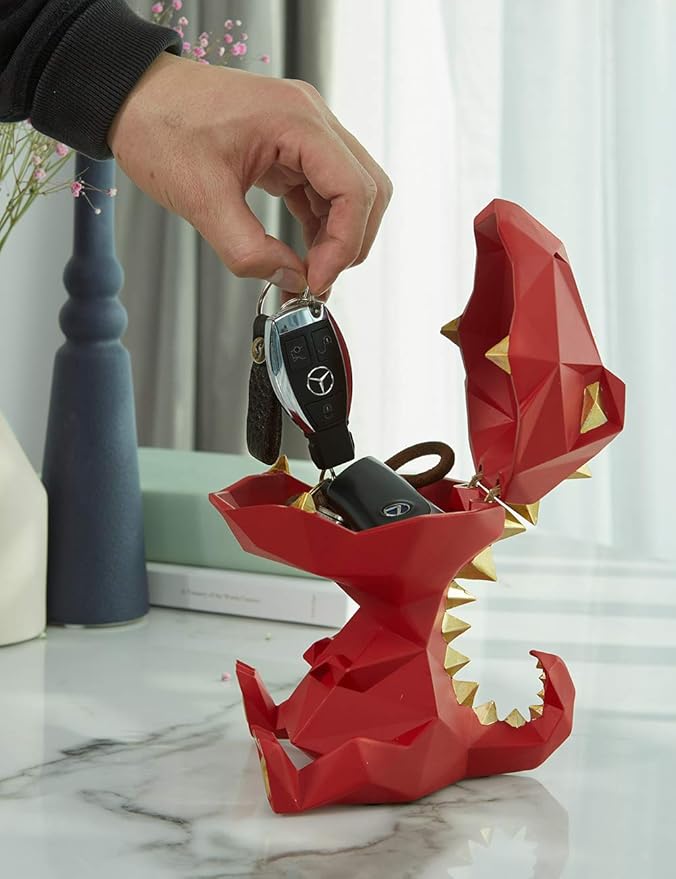 HAUCOZE Dinosaur Statue Candy Dish Key Bowl Dino Gifts Sculpture Modern Home Decor Accessories Pop Arts Polyresin Cookie Jar Red 7.5 inch
