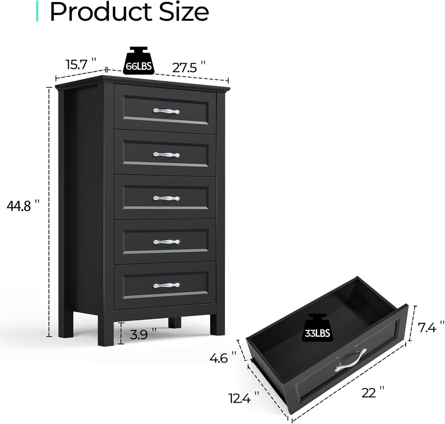 LINSY HOME Tall Dresser for Bedroom with 5 Drawers, 45" Tall Dressers & Chests of Drawers, Modern Farmhouse Large Vertical Dresser with Wood Legs for Bedroom, Closet, Living Room, Hallway, Black