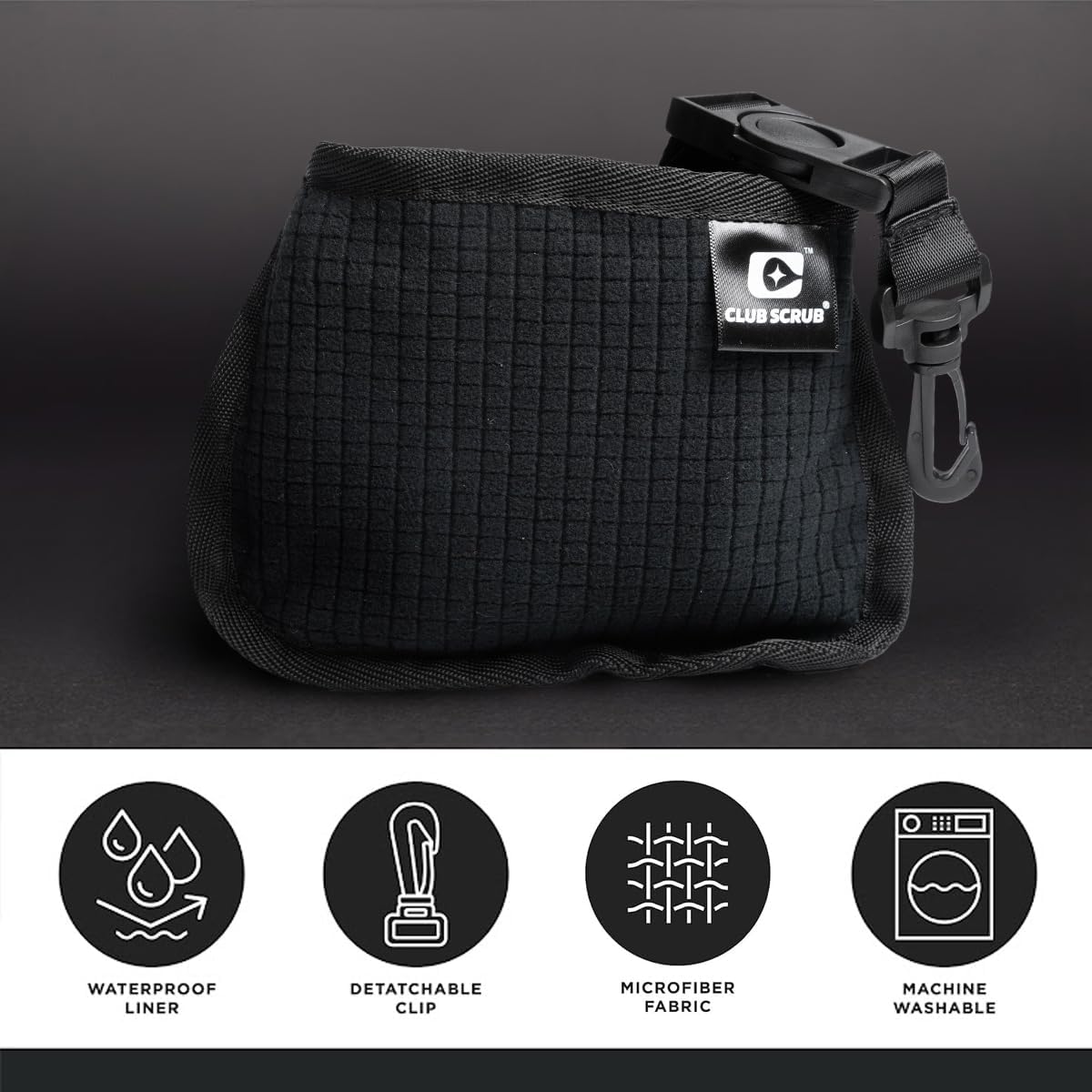 Club Scrub Mini, Golf Club and Golf Ball Cleaning Bag, Waterproof Clean Face Technology Liner, Detachable Clip, Machine Washable, Cleans Club Grooves, Dry Exterior (Black)