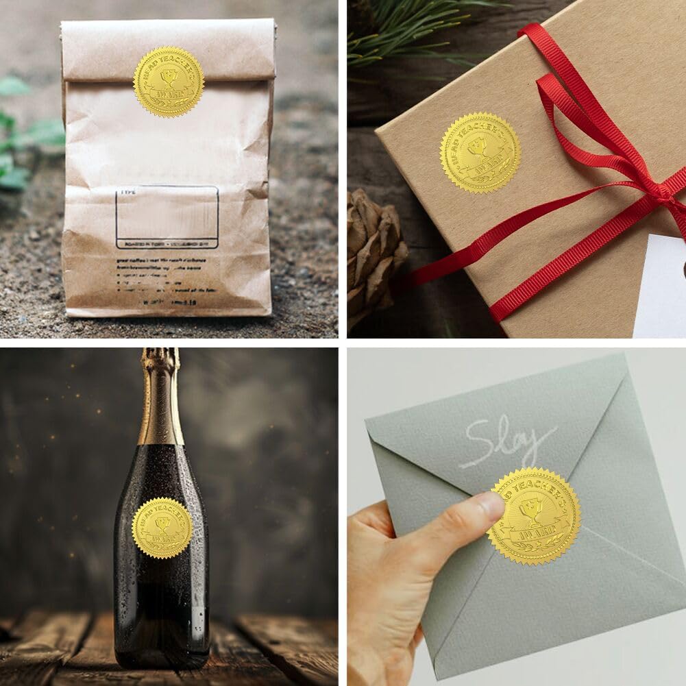 Peacoblue Gold Foil Stickers Seals Official Embossed 2 Inch 100Pcs Best Head Teacher Award, Self Adhesive Gold Around Embossing Medal Stickers for Certificate Paper, Achievements and Awards, Envelope