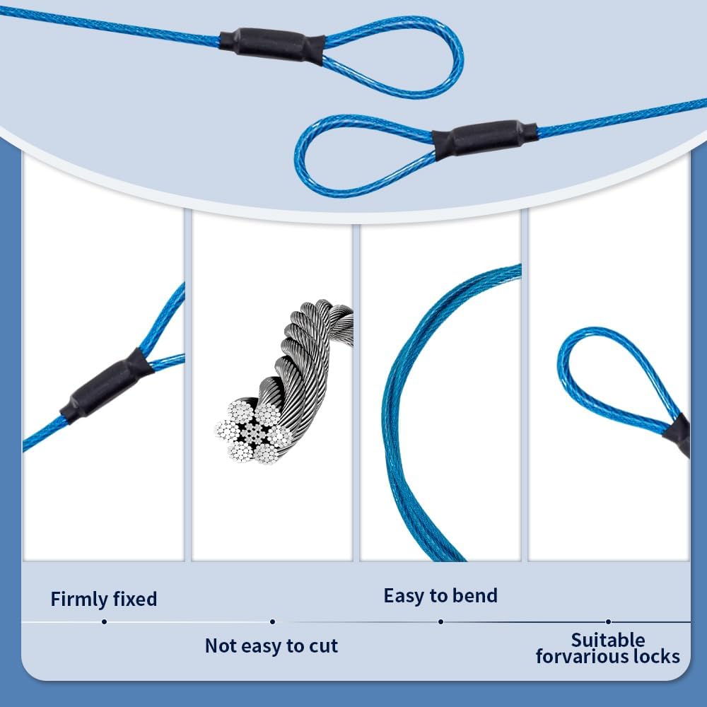 3.3mm Steel Wire Rope Outdoor Travel Security Cable Lock,Braided Steel Coated Safety Cable Luggage Lock,Safety Cable Wire Rope Chain Lock Double Loop Lightweight (Blue, 12in/10Pcs)