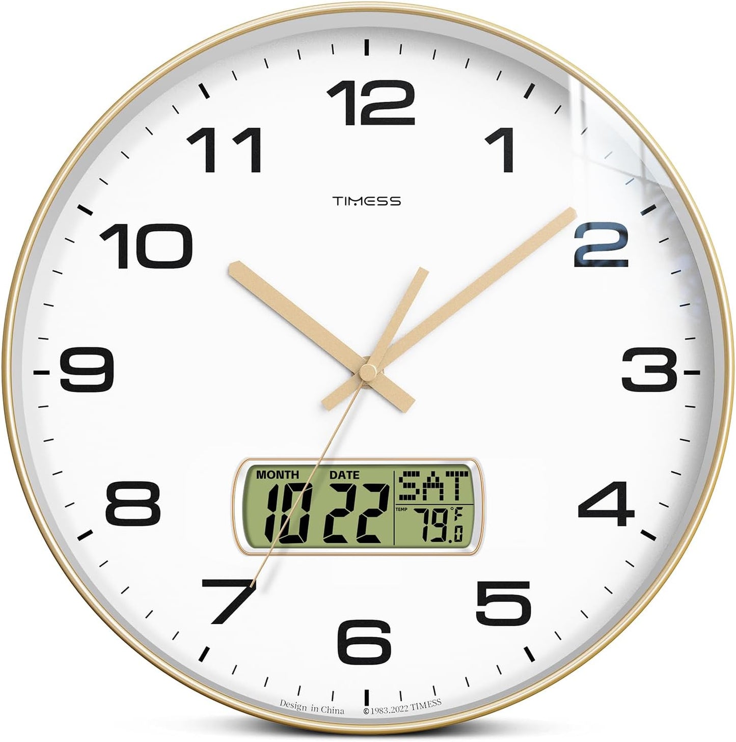 Wall Clock, 12" Dial Non-Ticking Silent Battery Operated Analog with LCD Display for Perpetual Calendar and F° Temperature, Ideal Modern Home, Bedroom, Kitchen, Office Decor (Gold)