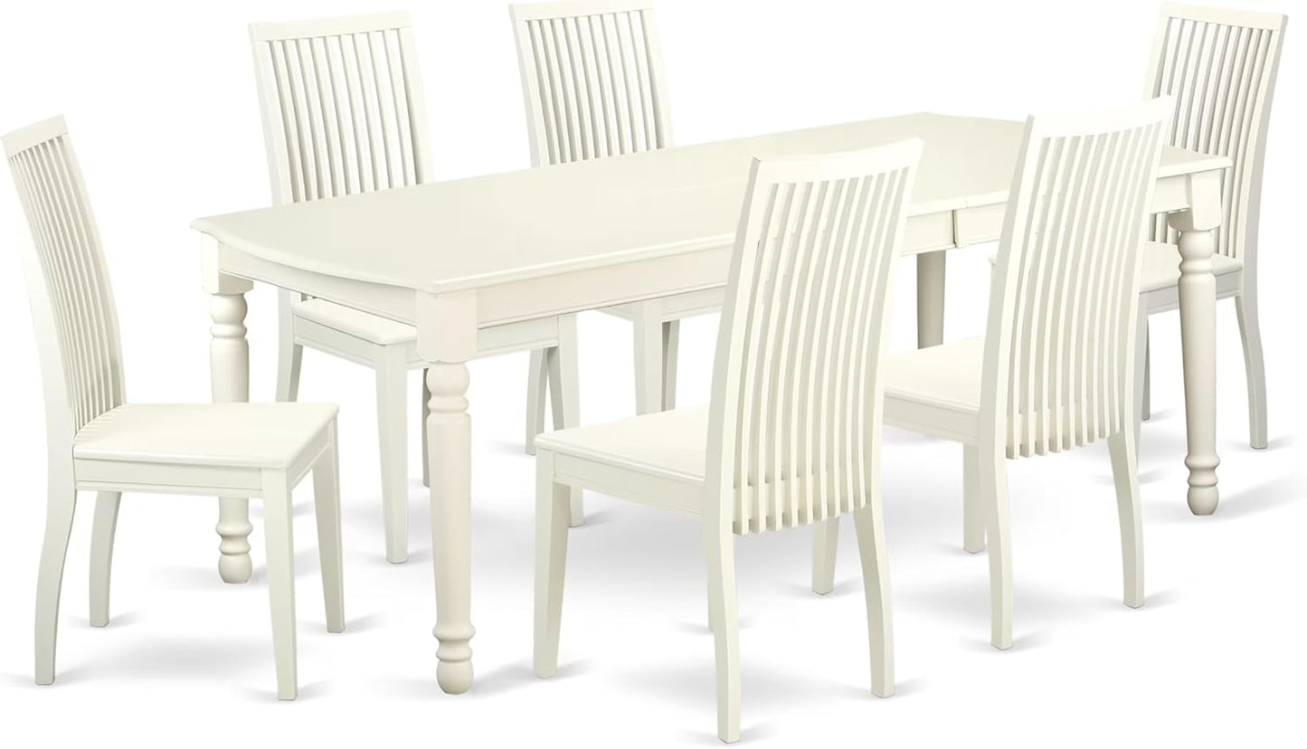 East West Furniture DOIP7-LWH-W 7 Piece Dining Table Set Consist of a Rectangle Dining Room Table with Butterfly Leaf and 6 Wooden Seat Chairs, 42x78 Inch, Linen White