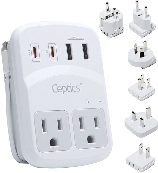 Ceptics World Travel Adapter Kit 2 Usb-A, Usb-C Us Outlets, 20W/Qc 18W Power Delivery, Surge Protection, Swadapt Compatible For