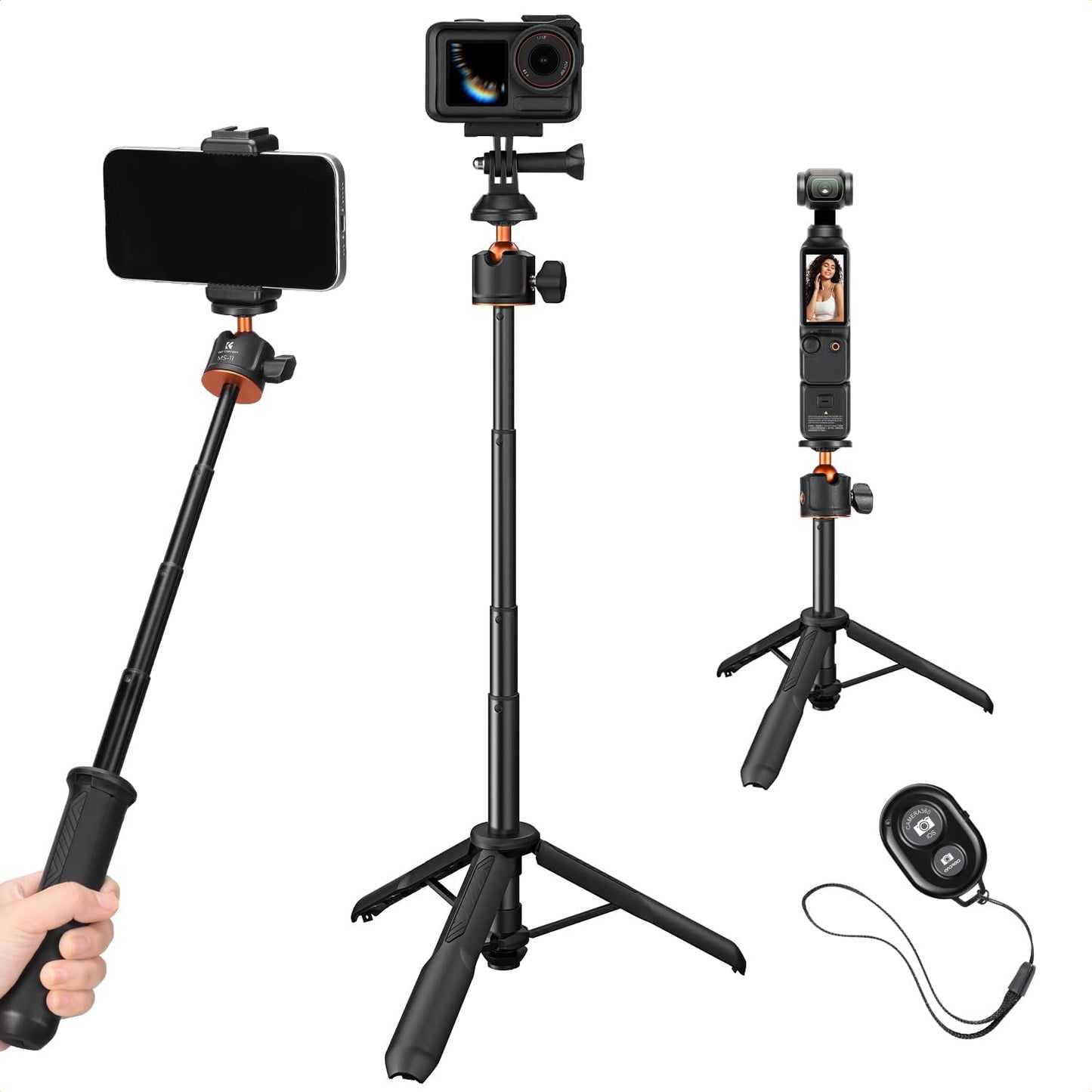 K&F Concept Selfie Stick Tripod, 60cm/23.6" Extendable Ball Head Vlog Selfie Stick Handle for GoPro Hero 13/12/11/10/9/8/7/Max DJI Osmo 360 Pocket 3 Action 5 Pro.