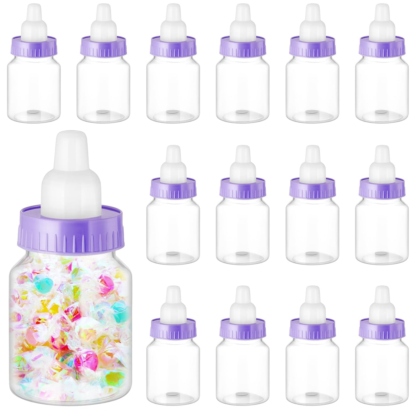 Patelai 36 Pcs 3.5 Inch Baby Bottle Shower Favor Mini Plastic Candy Bottle Clear Bottles for Baby Shower Mini Feeding Candy Figurine Coin Trinket Box for Mom to Be Party Baptism Newborn Gift(Purple)