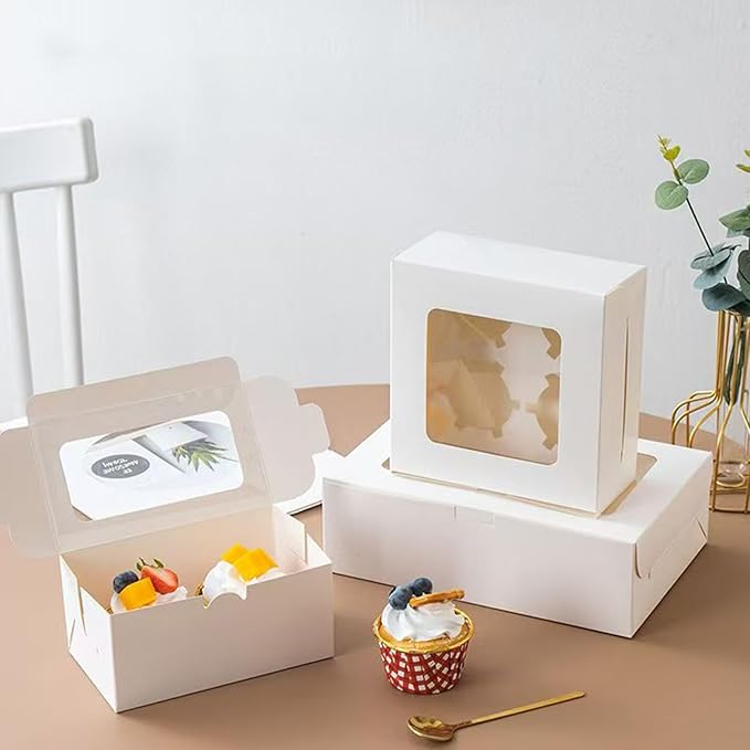 Cupcake Boxes 6 Count, Disposable Cupcake Containers, Food Grade Carrier with Window and Inserts for Cupcakes Muffins Cookies Pastries Donuts (White, 30 Pack)