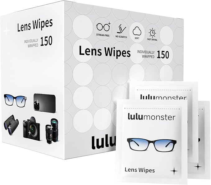 Lens Cleaning Wipes for Eyeglasses Lulumonster, [Pre-Moistened Individually Wrapped Wipes] [Non-Scratching & Non-Streaking] Cleaner Wipes for Glasses, Sunglass, Phone Screen Camera Lens, Goggles (150)