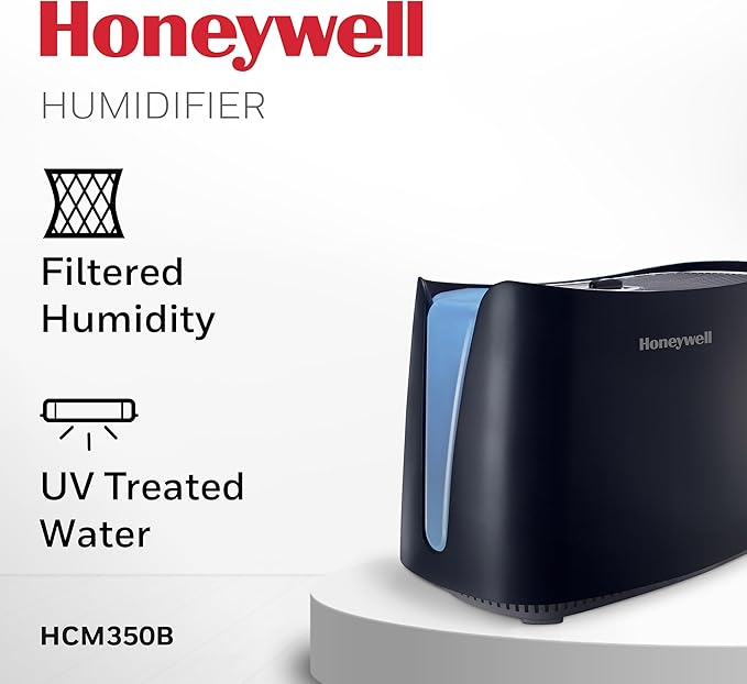 Honeywell Cool Moisture Humidifier For Bedroom, Medium Rooms, 1.1 Gallon, Invisible Moisture Humidifier for Baby, Kids, Quiet, Easy to Clean, UV Technology, Black, HCM350B