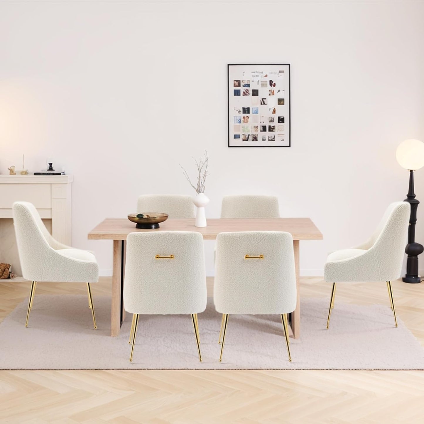 Modern Velvet Dining Chairs Set of 2, Contemporary Upholstered Furniture Collection with Polished Gold Metal Legs, Elegant Accent Chairs for Kitchen Living Room(Teddy Fleece,Beige)