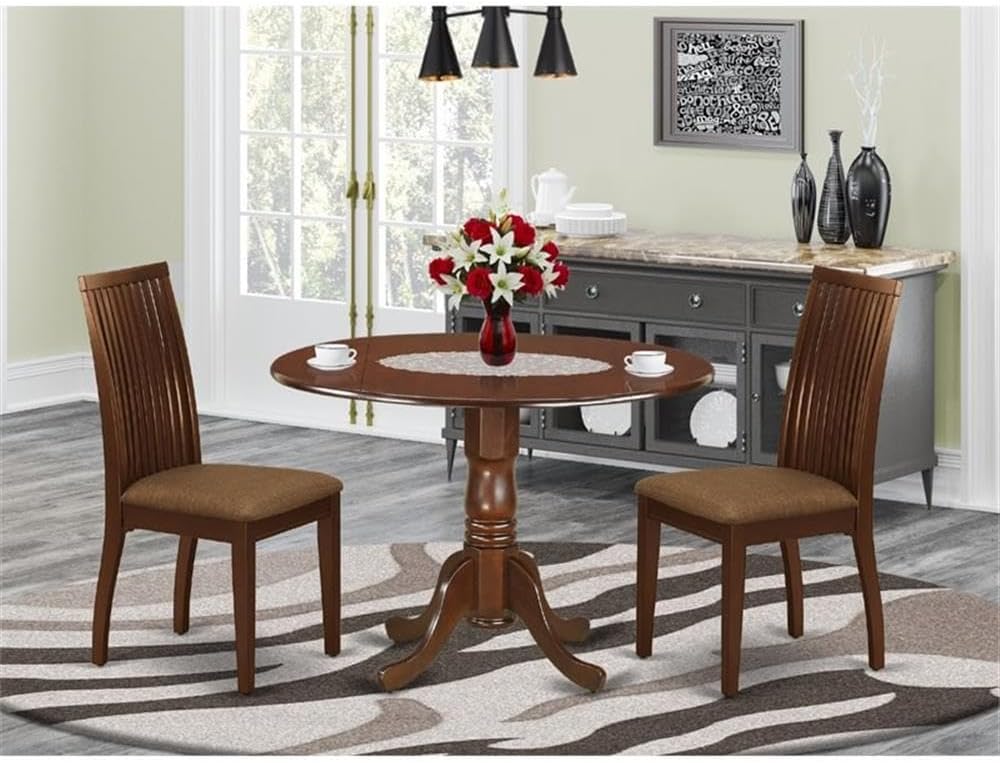 East West Furniture DLIP3-MAH-C 3 Piece Modern Dining Table Set Contains a Round Wooden Table with Dropleaf and 2 Linen Fabric Upholstered Dining Chairs, 42x42 Inch, Mahogany