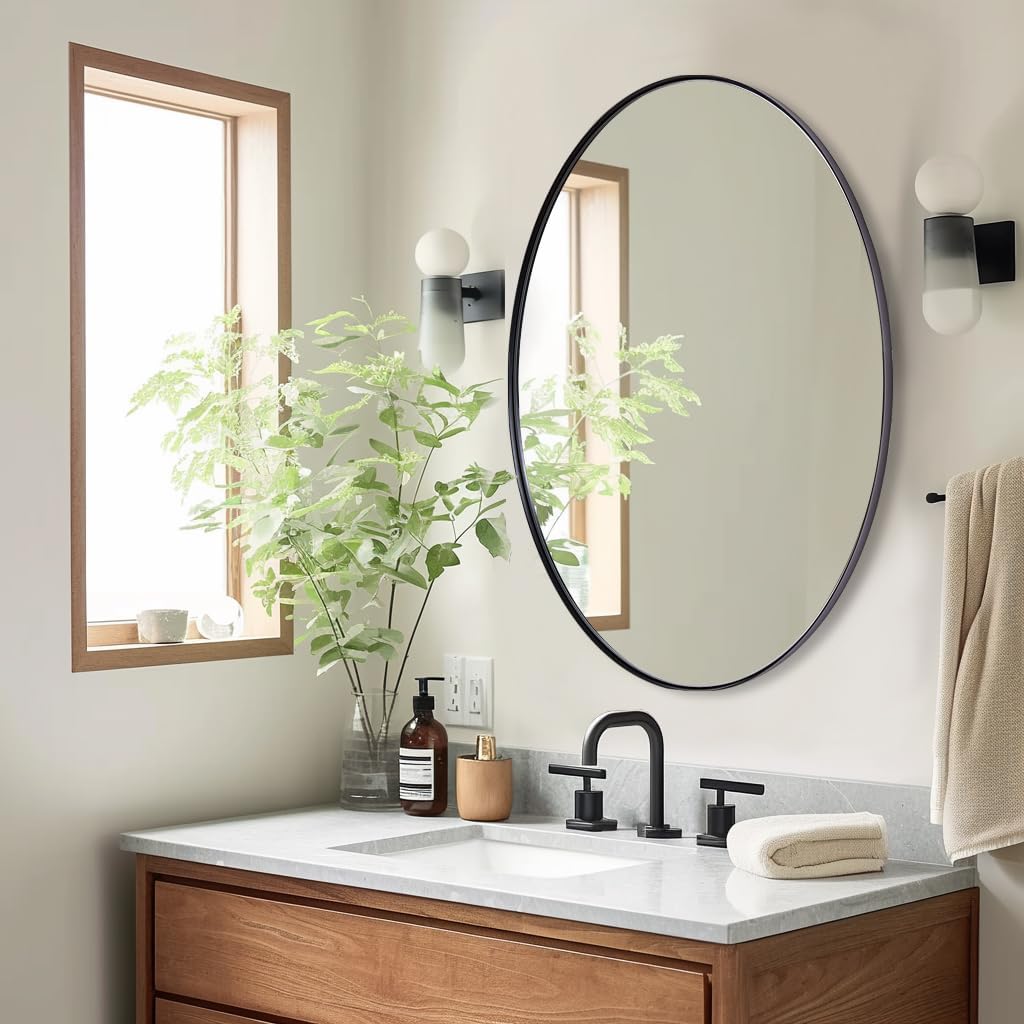 ANDY STAR Black Oval Mirrors for Bathroom, 22x30 Inch Matte Black Stainless Steel Metal Framed Oval Wall Mirror, Modern Vanity Mirror Wall Mount Horizontal or Vertical