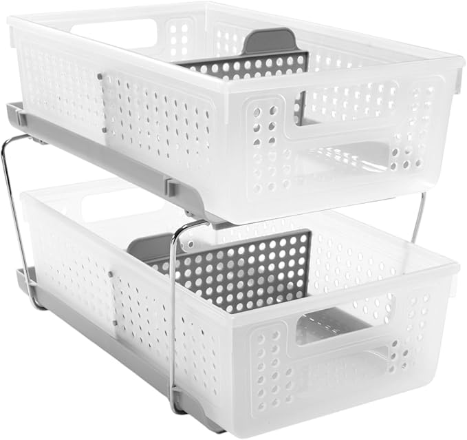 madesmart 2-Tier Organizer, Multi-Purpose Slide-Out Storage with Handles and Dividers for Home and Bath, Easy Assembly, BPA Free, Frost