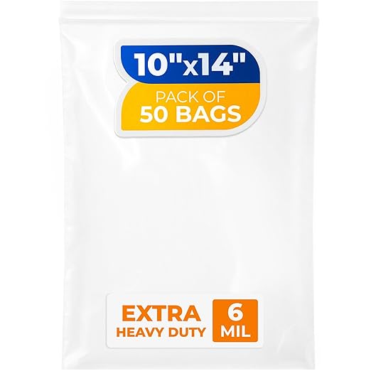 10" x 14" Medium Zip Seal Lock Bags, 6 Mil (Pack of 50) – Heavy-Duty Reclosable Plastic Bags – Clear, Resealable, Waterproof – For Storing and Organizing Clothes, Jewelry, and Travel Items
