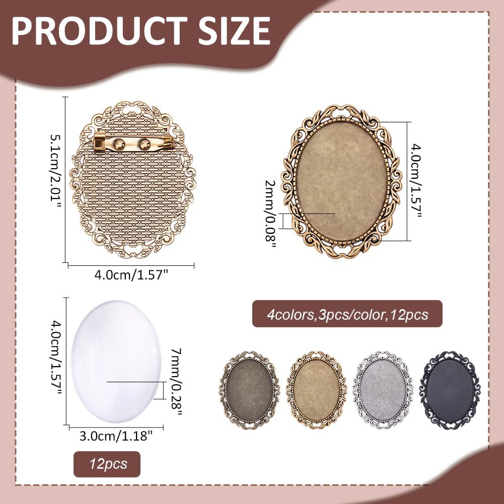 CRAFTYMELODY 12 Sets Brooch Cabochon Making Kit 4 Styles Vintage Oval Brooch Blank Bezel Oval Brooches Pins Trays with Clear Glass Cabochons for Bridal Wedding Graduation Jewelry Making DIY Craft