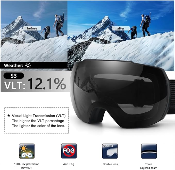 OULAIQI OTG Ski Goggles UV400 Anti-Fog Snowboard Glasses for Men Women Youth- Perfect for Skiing, Snowboarding,Winter Sports