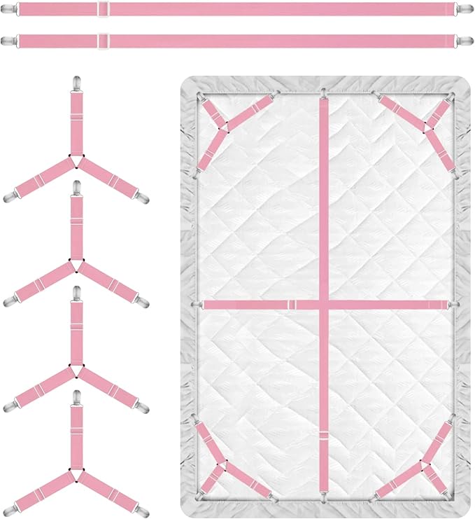 Bed Sheet Holder Straps, 4+2 Pcs Adjustable Mattress Sheet Clips, Bed Sheet Fasteners Elastic Sheet Suspenders to Keep Bed Sheet in Place for Different Beds (Pink)