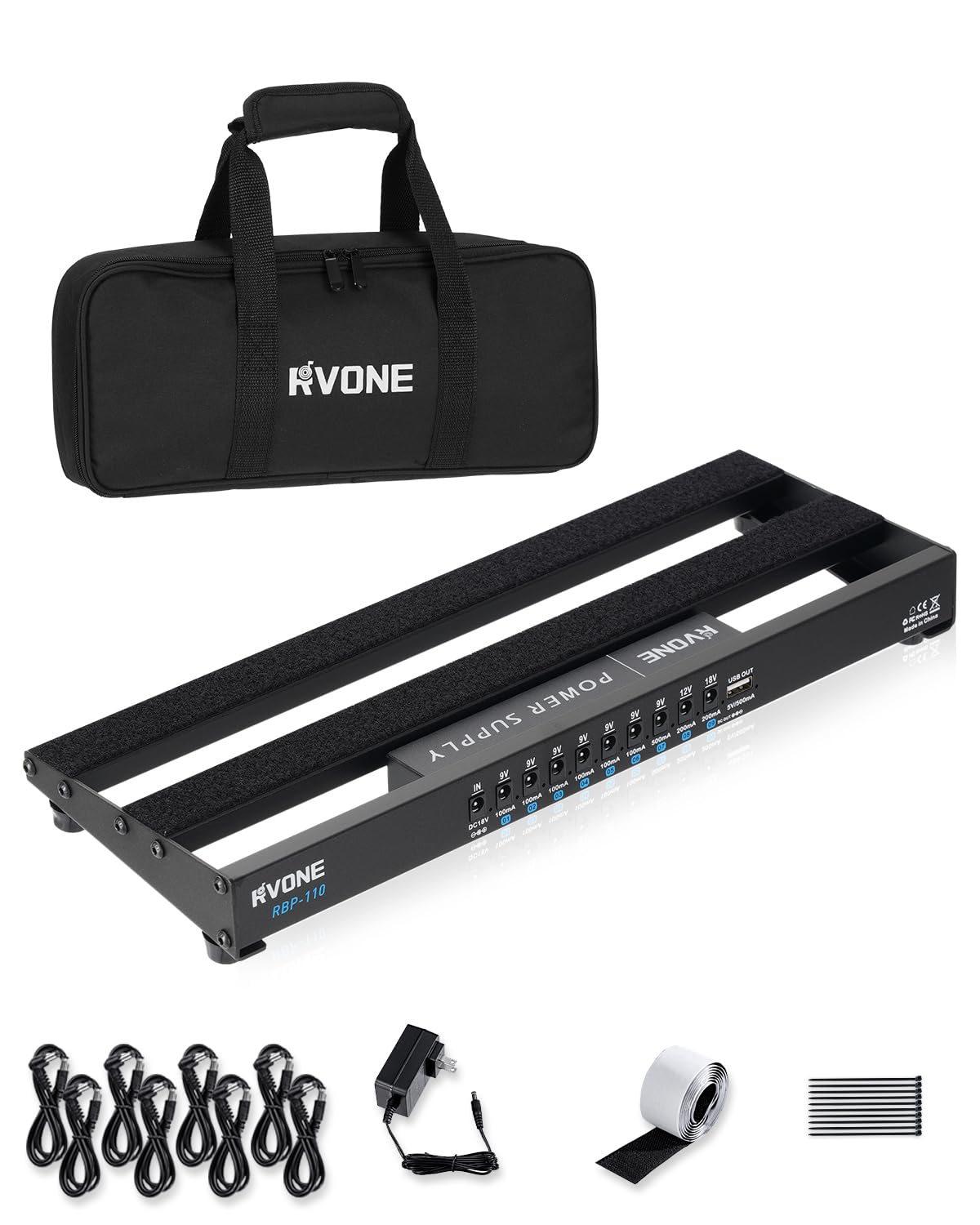 RVONE Guitar Pedal Board with Power Supply, 10 Isolated Outputs Aluminum Alloy Portable Board with Bag, Compact Mini Powered Ped