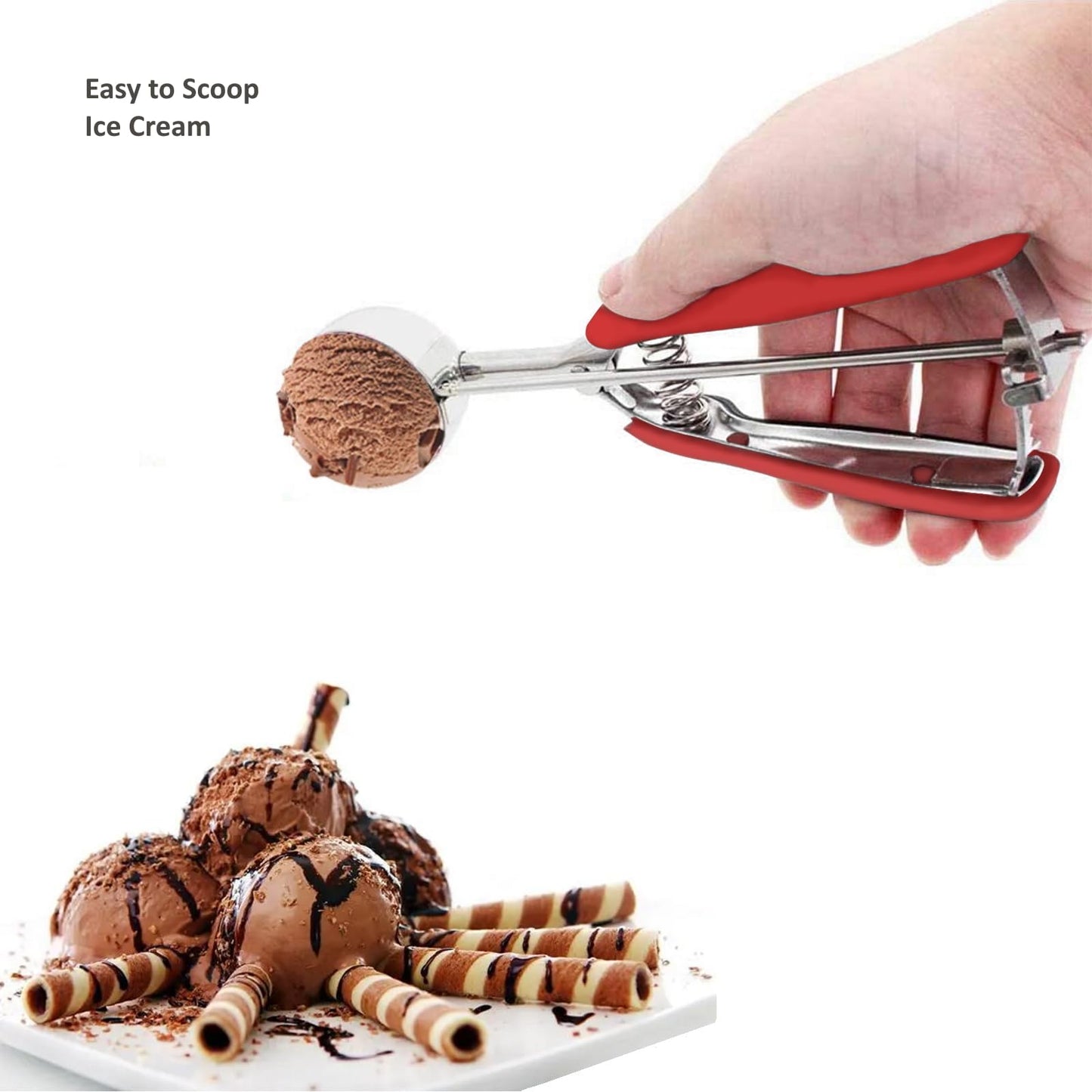 Cookie Scoop Set, 3Pcs Ice Cream Scoop, Cookie Scoops for Baking Set of 3, 18/8 Stainless Steel Cookie Scooper for Baking, Ice Cream Scooper with Trigger Release, Red Soft Grip Cookie Dough Scoop
