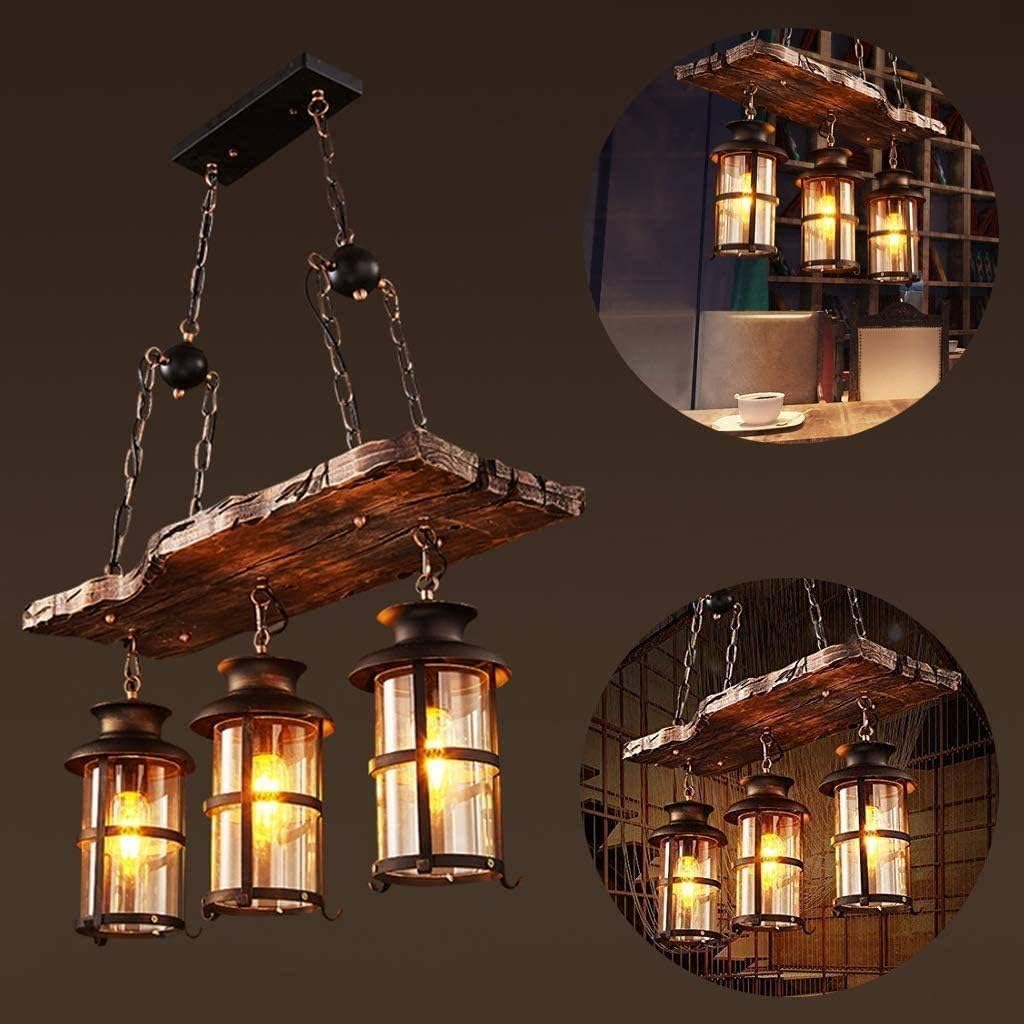 Wood Retro Pendant Lighting Industrial Vintage Chandelier Black Metal Bedroom Restaurant Suspension Lamp Cage Frame with Glass Shade House Loft Bar Coffee Decoration Ceiling Lights Fitting, E27