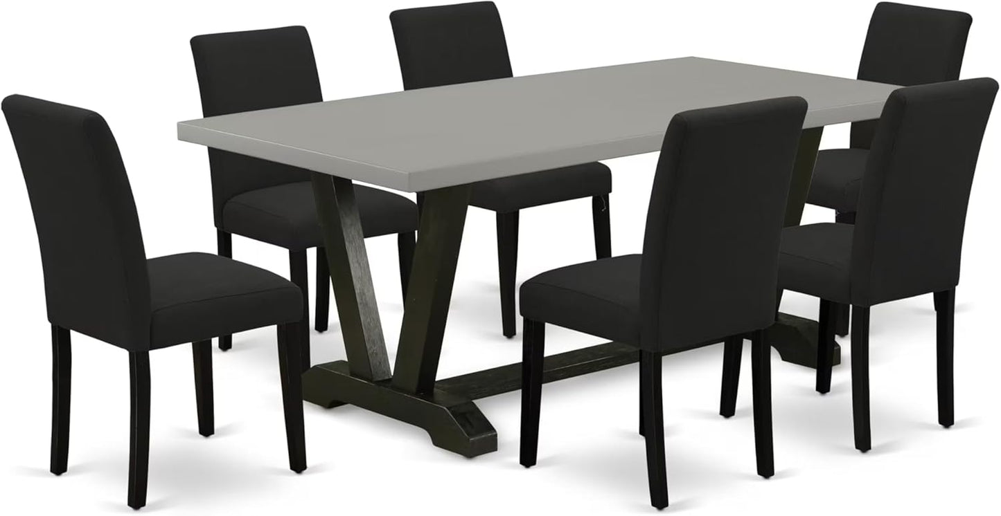 East West Furniture V697AB624-7 7 Piece Modern Dining Table Set Consist of a Rectangle Wooden Table with V-Legs and 6 Black Color Linen Fabric Upholstered Chairs, 40x72 Inch, Multi-Color