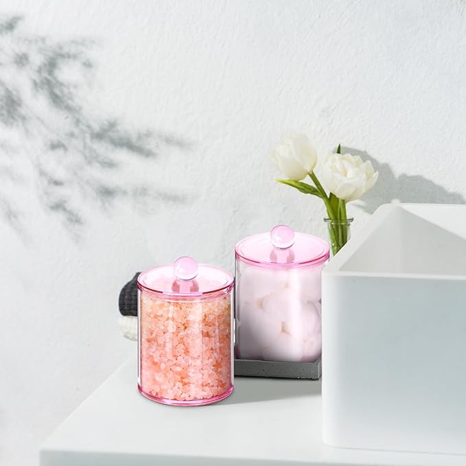 4 Pack Qtip Holder,Canister Apothecary Jar Set, Bathroom Jars with Lids Set for Cotton Swabs, Balls, Pads, Floss Picks,10oz-12oz Plastic Canisters Restroom Bedroom Vanity Organizer(Pink)