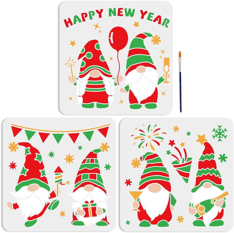 MAYJOYDIY 3pcs Happy New Year Gnome Stencil 11.8×11.8inch Reusable Christmas Gnome Stencils Fireworks Snowflakes Template with Paint Brush for Craft Wood Wall Home Decor