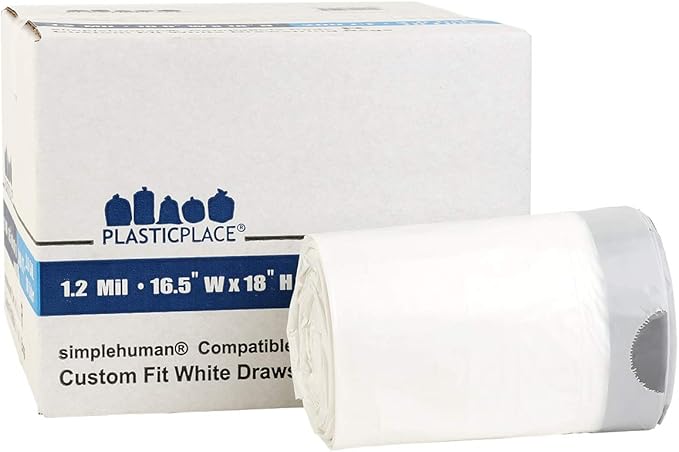 Plasticplace Custom Fit Trash Bags, Compatible with simplehuman Code R (200 Count) White Drawstring Garbage Liners 2.6 Gallon/ 10 Liter 16.5" x 18"