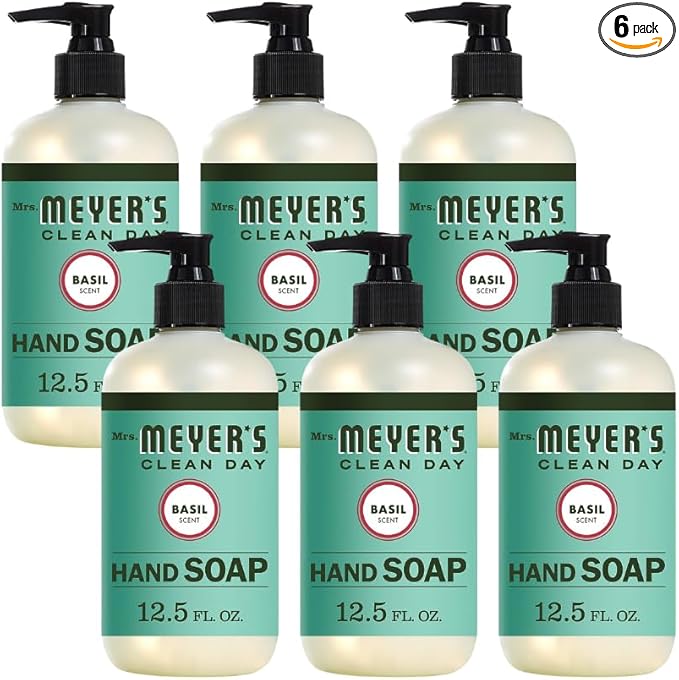 MRS. MEYER'S CLEAN DAY Liquid Hand Soap, Cruelty Free Hand Wash Made with Essential Oils, Basil Scent, 12.5 oz - Pack of 6
