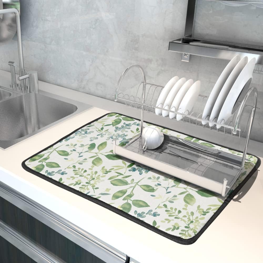 Green Leaves Branches Dish Drying Mat for Kitchen Counter 18x24 Inch Washable Microfiber Drying Mat Spring Floral Absorbent Drying Pad with Hanging Loop for Home Coffee Bar Decoration