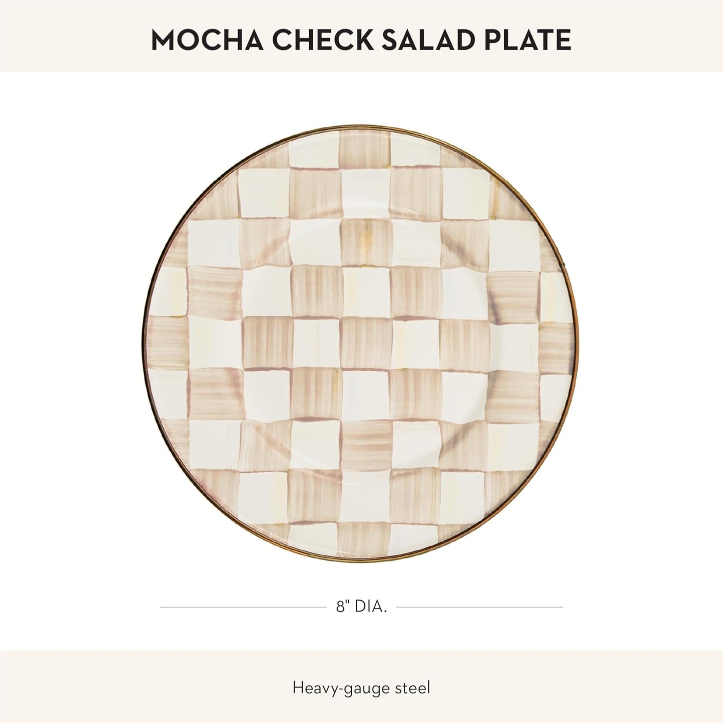 MACKENZIE-CHILDS Enamel Salad and Dessert Plate, Small Plate for a Dessert or Appetizer Dish, 8 Inches, Brown-and-White Mocha Check