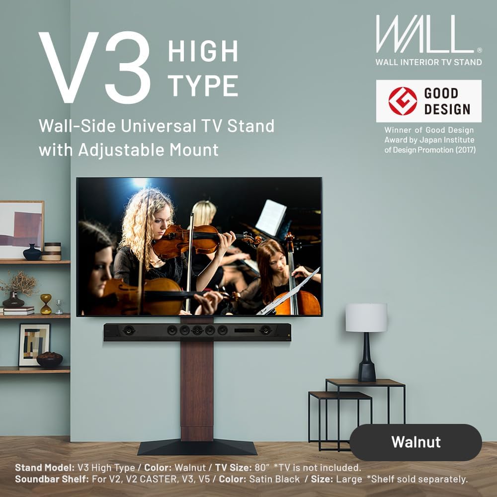 WALL V3 High Type TV Stand w/Multi-Device Holder and Soundbar Shelf L Black Set | Sleek Japanese 32-80 Inch Universal Side TV Stand Adjustable Mount, No Drill | Sleek Soundbar Shelf | Walnut