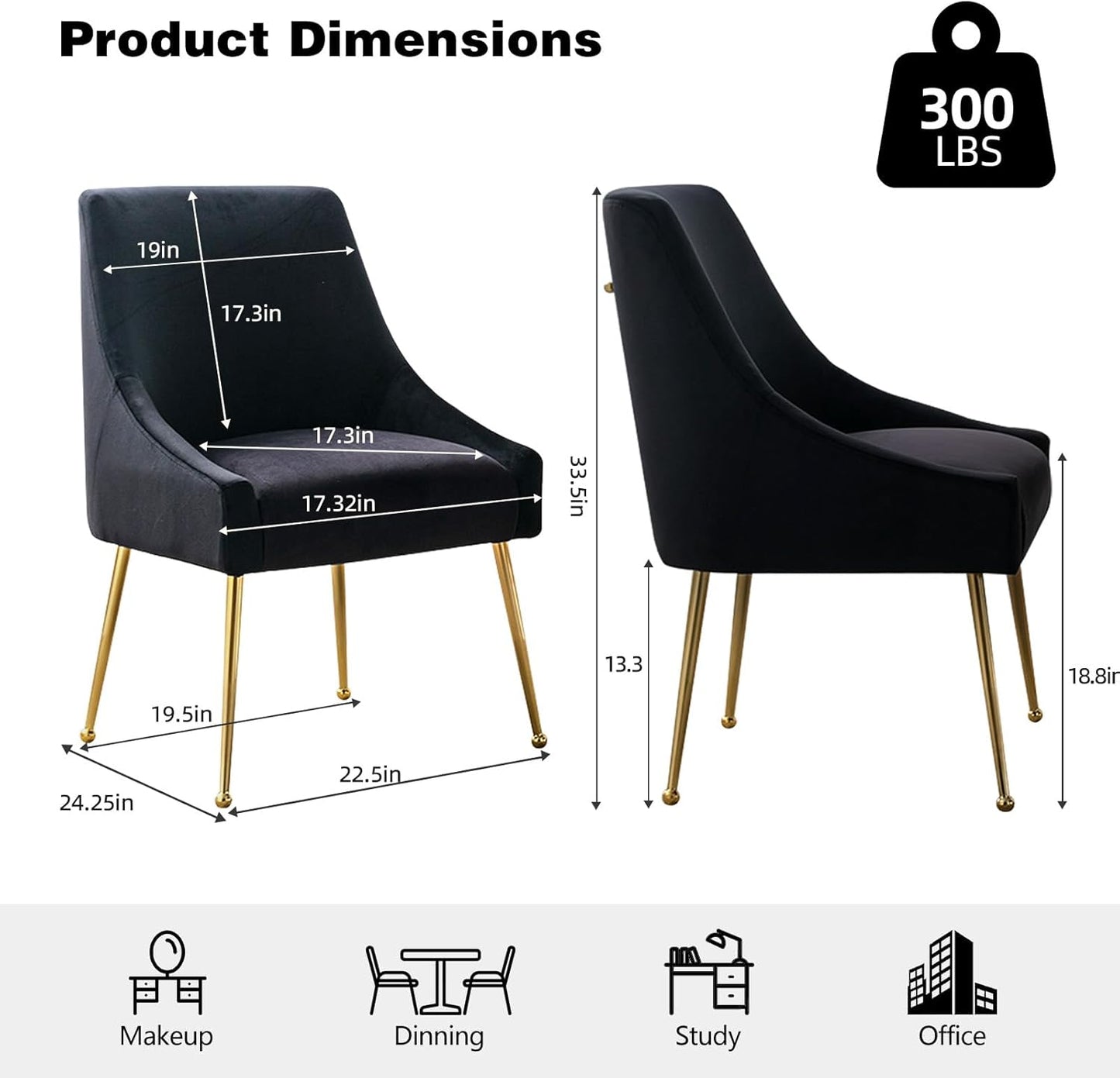 Velvet Dining Chairs Set of 2, Furniture Collection Modern Contemporary Upholstered with Polished Gold Metal Legs(Black)