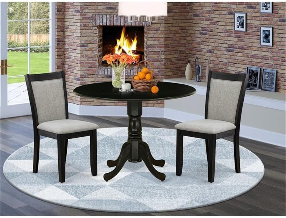 East West Furniture DLMZ3-AB6-06 3 Piece Modern Dining Table Set Contains a Round Wooden Table with Dropleaf and 2 Shitake Linen Fabric Parsons Dining Chairs, 42x42 Inch, Wirebrushed Black