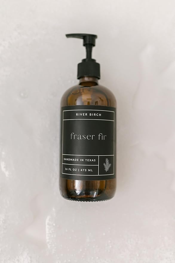 River Birch Fraser Fir Scented Natural Hand Soap - Handmade Soap - Moisturizing Hand Wash with Amber Glass Dispenser - Luxury Scented Hydrating Hand Soap - Vegan and Non-Toxic -16 Fl Oz