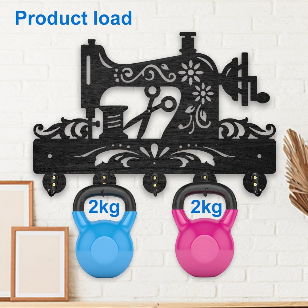 MAYJOYDIY Wooden Sewing Machine Key Hook 11.8 x 7.8 inch Flower Sew Coat Hooks Wall Mounted Storage Hooks Floral Art Hat Racks with 5 Alloy Hooks for Entryway Bedroom Living Room